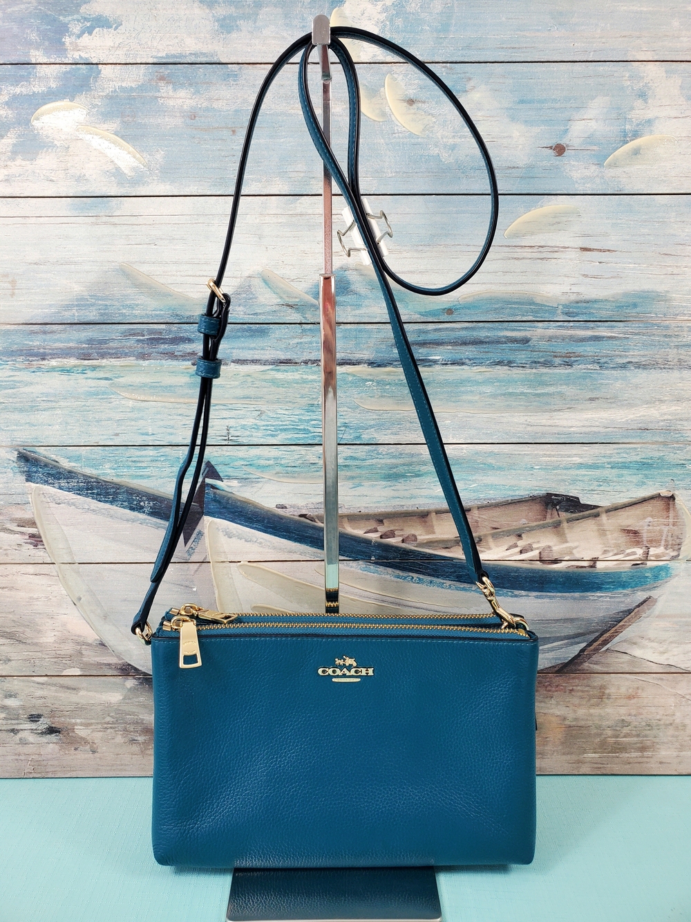 Coach Lyla Double Zip Crossbody Dark Teal Pebbled Leather